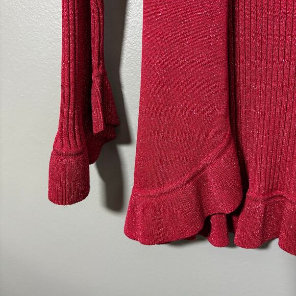 Nine West Women's Red & Gold Sparkle Ruffle Silk Cardigan Sweater - Size Small - Picture 3 of 5
